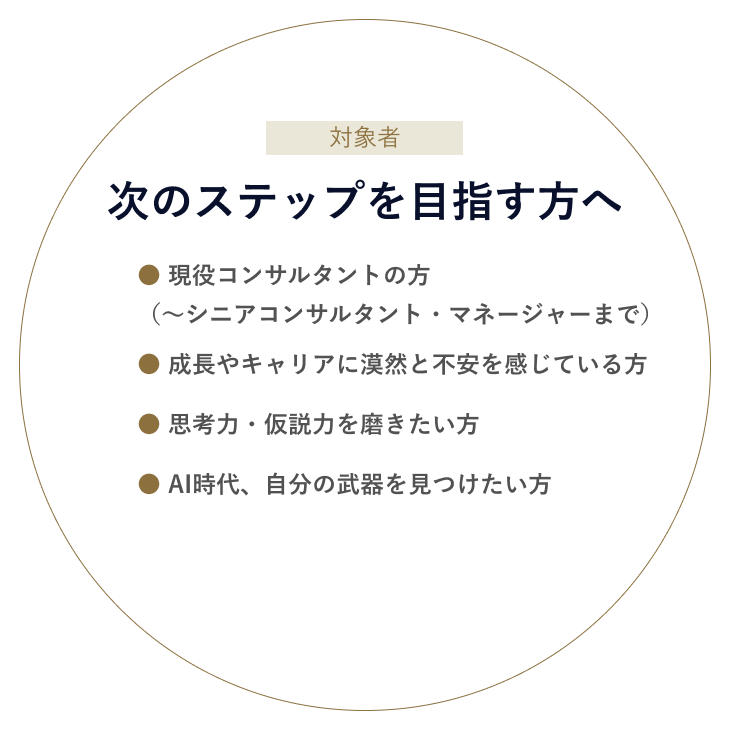 対象者:次のステップを目指す方へ 現役コンサルタントの方（～シニアコンサルタント・マネージャーまで）/成長やキャリアに漠然と不安を感じてる方/思考力・仮説力を磨きたい方/AI時代、自分の武器を見つけたい方